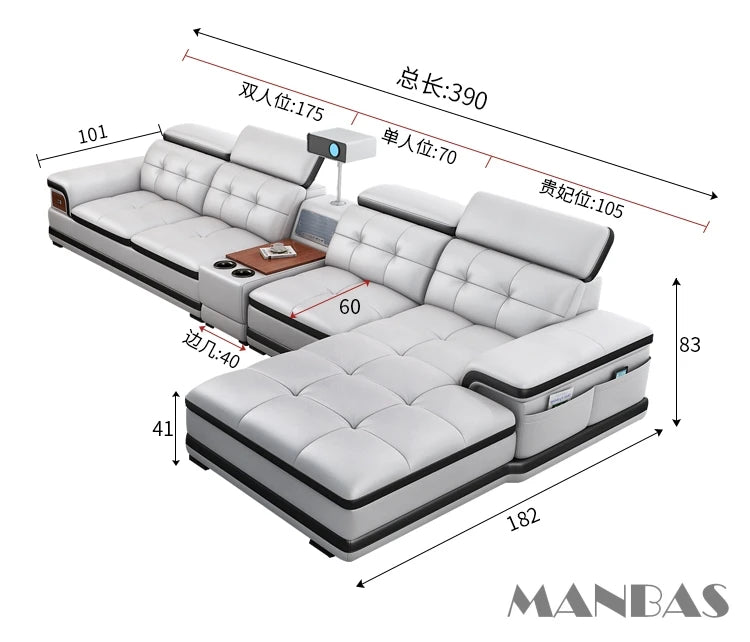 Linlamlim Luxury Genuine Leather Sectional Sofa with Adjustable Headrests, Projector, Speaker and Storage for Living Room Couch