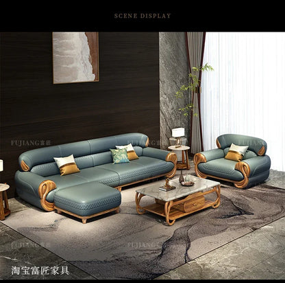 Ebony leather sofa new Chinese modern light luxury high-end small apartment straight row  FT