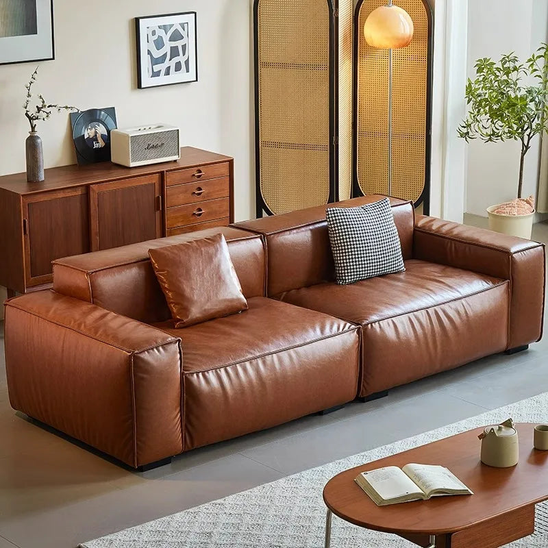 French Vintage Three-Person Genuine Leather Sofa Set in Ancient Caramel Tone for Small Living Rooms or Apartments
