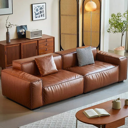 French Vintage Three-Person Genuine Leather Sofa Set in Ancient Caramel Tone for Small Living Rooms or Apartments