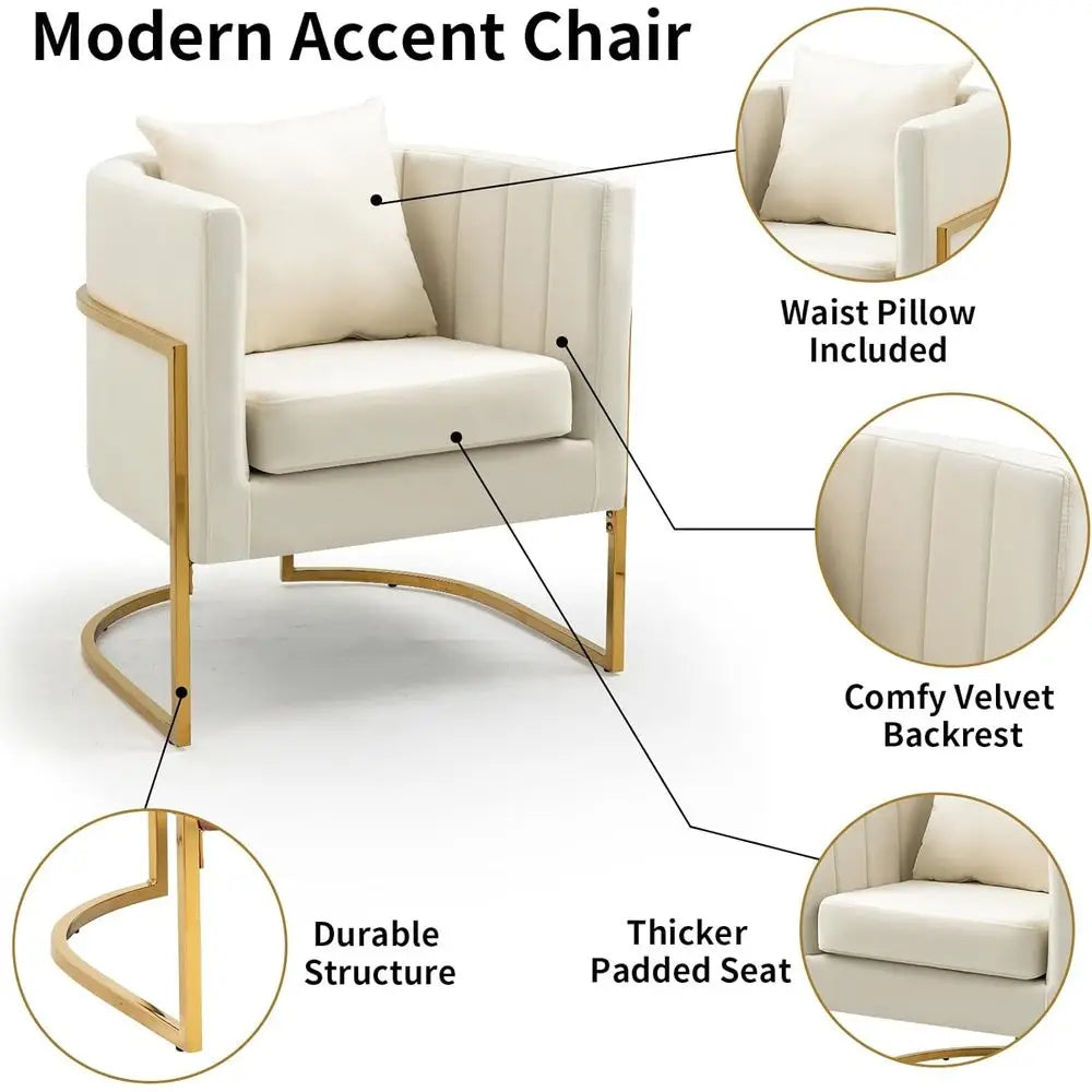 Mid-Century Velvet Accent Chair with Barrel Arms, Upholstered for Comfort, Gold Legs, White for Living/Bedroom，Customized