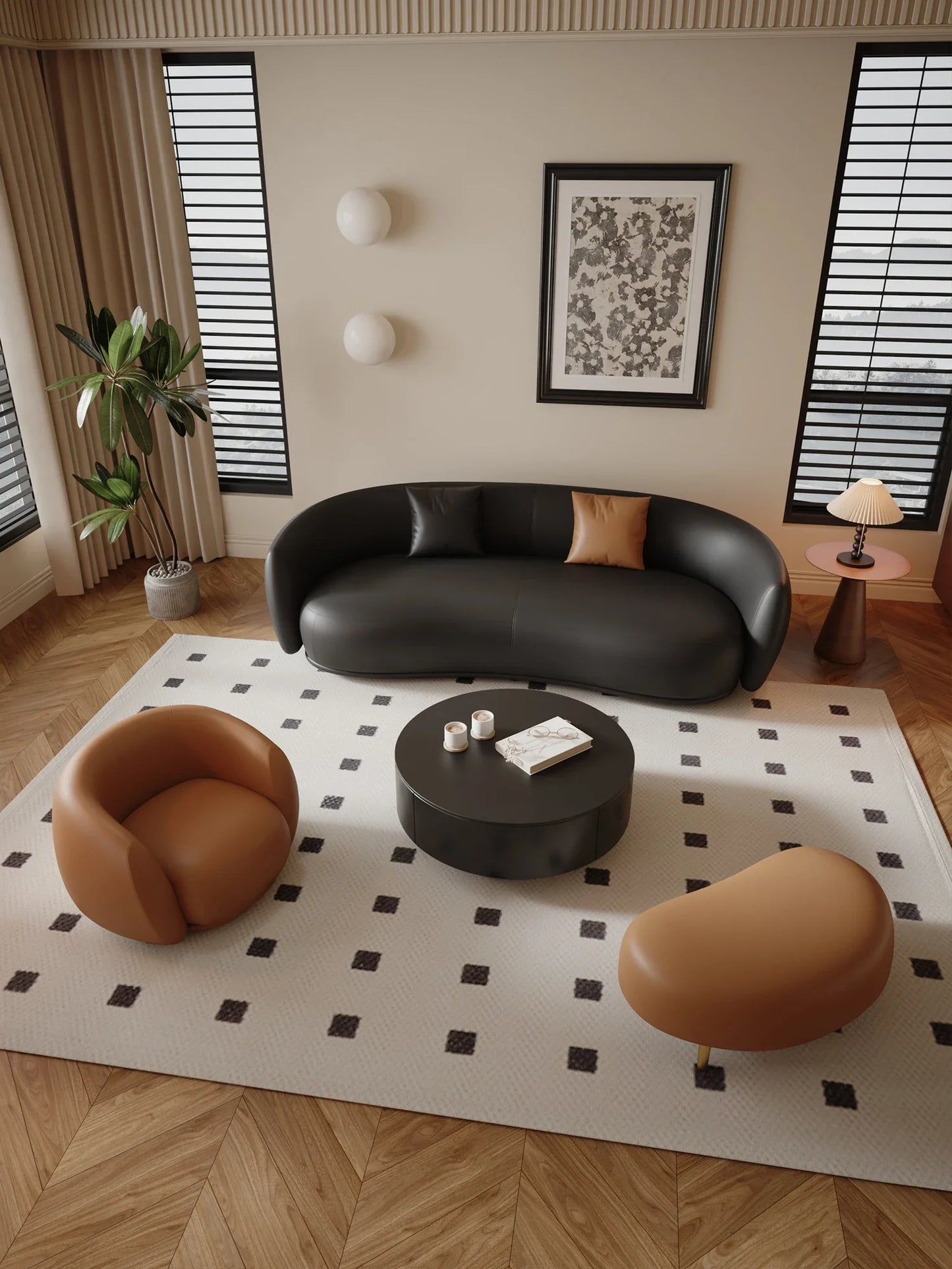 small apartment curved beauty salon Internet celebrity clothing store, rest area negotiation, black leather sofa