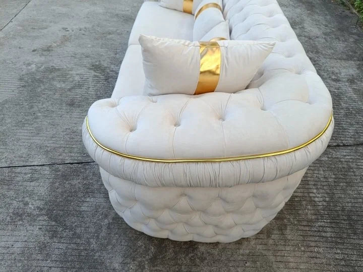 Home Luxury White Velvet Love Seat Three Seats Tufted Living Room Sofa Gold Stainless Steel Decoration