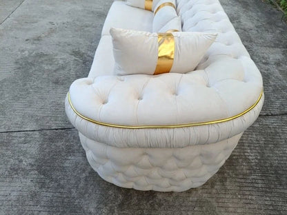 Home Luxury White Velvet Love Seat Three Seats Tufted Living Room Sofa Gold Stainless Steel Decoration