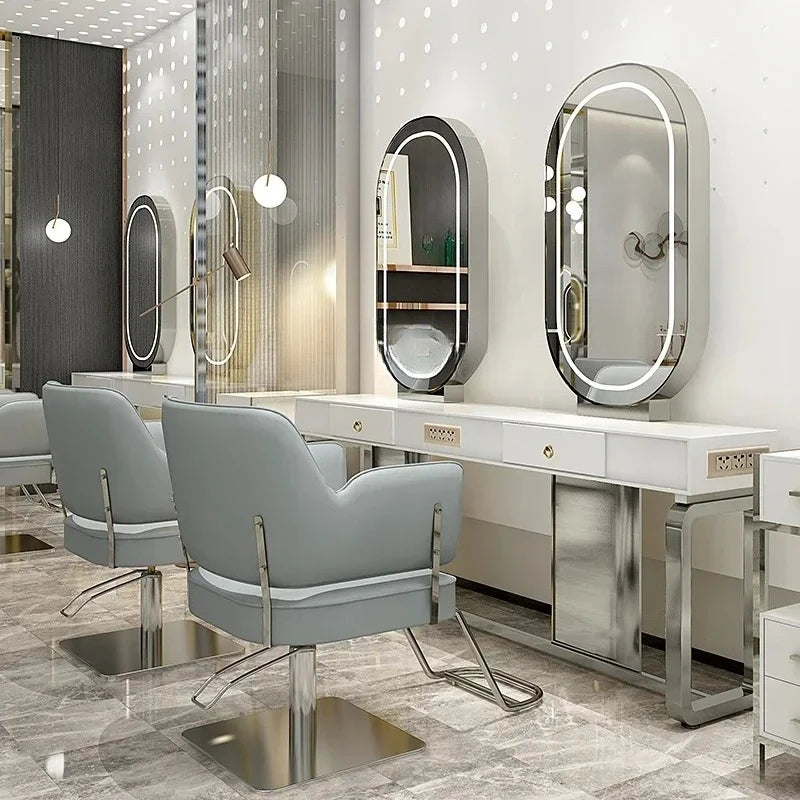 SS newBarber Shop Hair Salon Hair Salon with Socket Hot Dyeing with Light Stainless Steel Floor Dressing Table