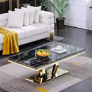 Gold Coffee Table, Modern Coffee Table with Four Geometric Mirror Bases, Rectangular Tea Table with Metal Frame, 48" Modern Cof