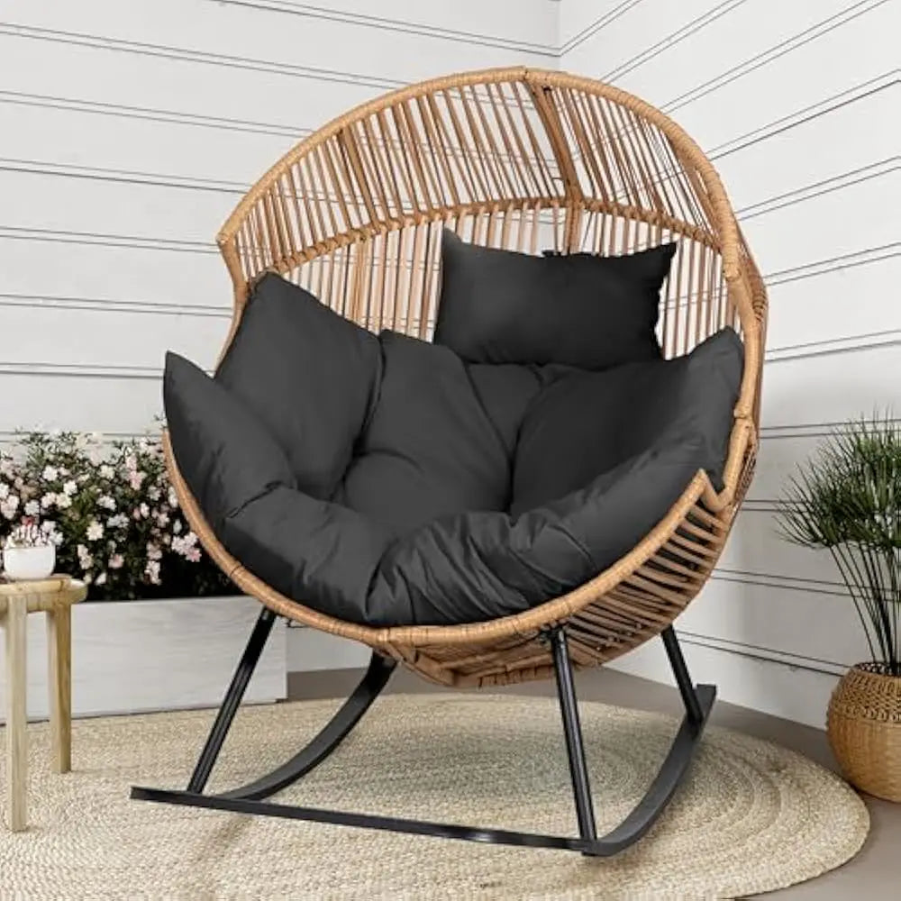 Wicker Egg Chair, Oversized Outdoor Indoor Rocking Chairs, Large PE Rattan Rocking Chair with Cushion for Patio, Balcony