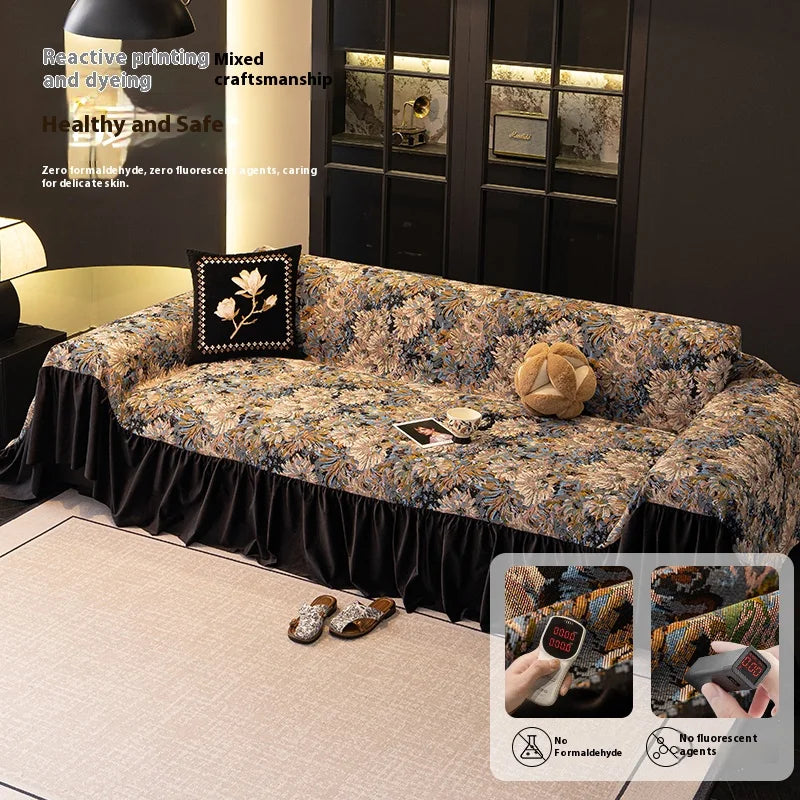 Sofa Cover with Ruffle Elegant Black Reversible for 2/3/4 Seater Couch Stretchable Slipcover Protector All Season Couch Blanket