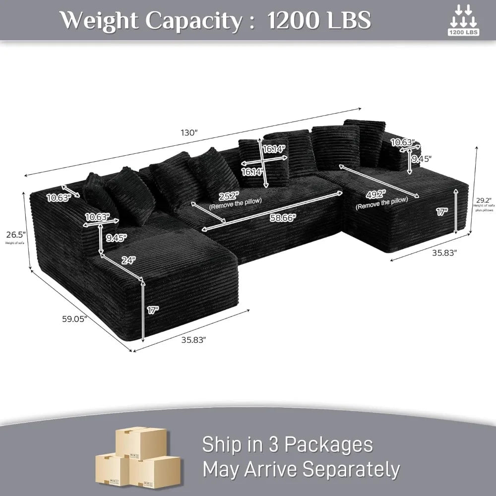 Modular Sectional Sofa in Cloud Design, 131 Black Couches for Living Room, Deep Seated Plush Corduroy Sofa, Modern Comfort
