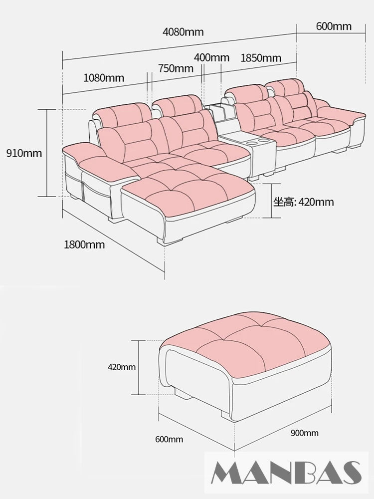MANBAS Italian Genuine Leather Sectional Sofa with USB Charging, Bluetooth Speaker and Projector - Perfect for Your Living Room