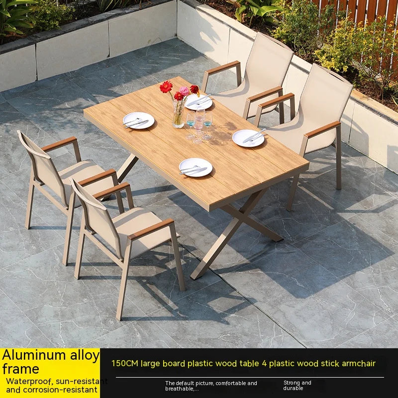 #Modern Outdoor Aluminum Chair Wood Metal Frame Villa Patio Garden Table Chair Set For Dining Courtyard Leisure