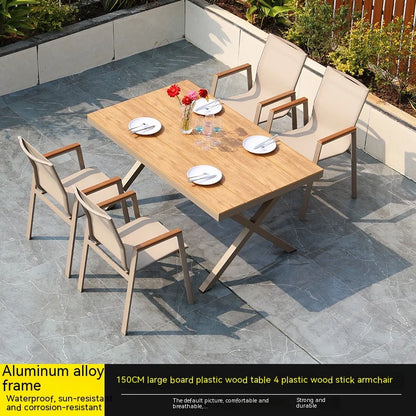 #Modern Outdoor Aluminum Chair Wood Metal Frame Villa Patio Garden Table Chair Set For Dining Courtyard Leisure