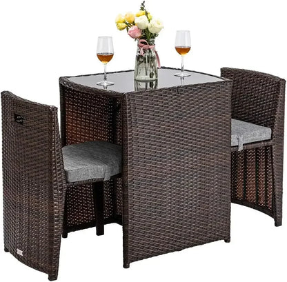 t Bonnlo 3 PCS Wicker Outdoor Patio Bistro Set, Patio Furniture Set for Small Space with Glass Top Table Dining Chairs, Balcony