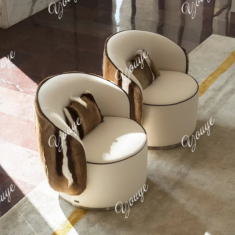 BX Italian Minimalist Light Luxury Leather Sofa Chair Living Room Home High-end Horse Fur Backrest Leisure Chair Stainless Steel