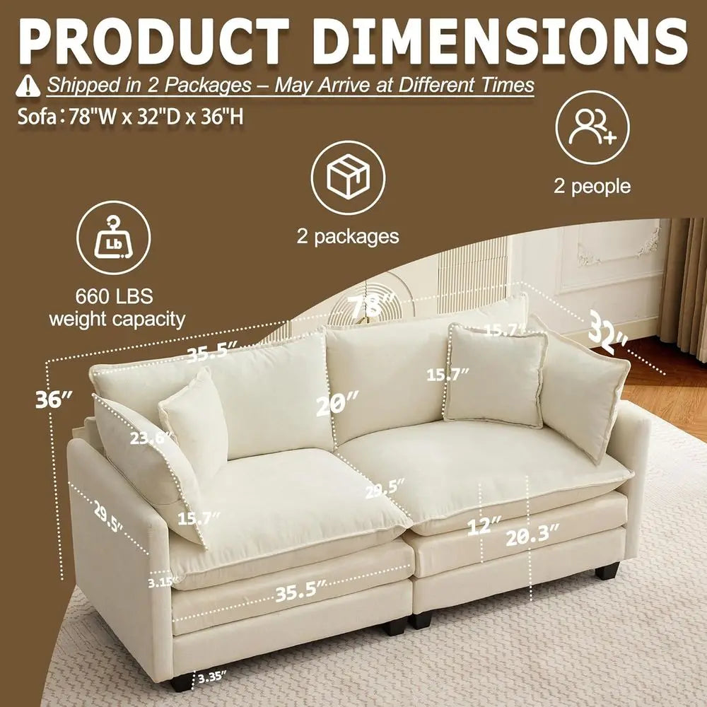 78 Sectional Sofa, Cloud-Soft Loveseat, Deep Seating Chenille Fabric Sofa with Throw Pillows, 2-Seat Couches for Living Room or