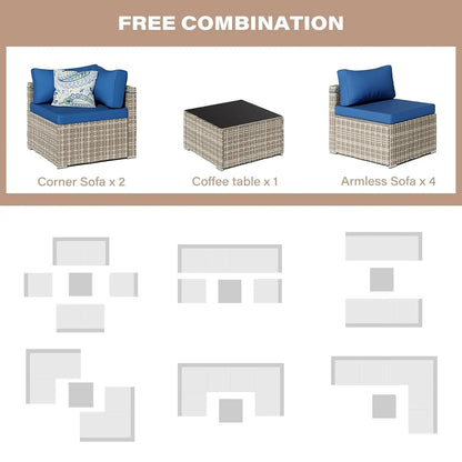 7-Piece Gray Rattan Patio Furniture Sets, Outdoor Conversation Sofa Sets with Water Resistant Blue Cushions &, Customized