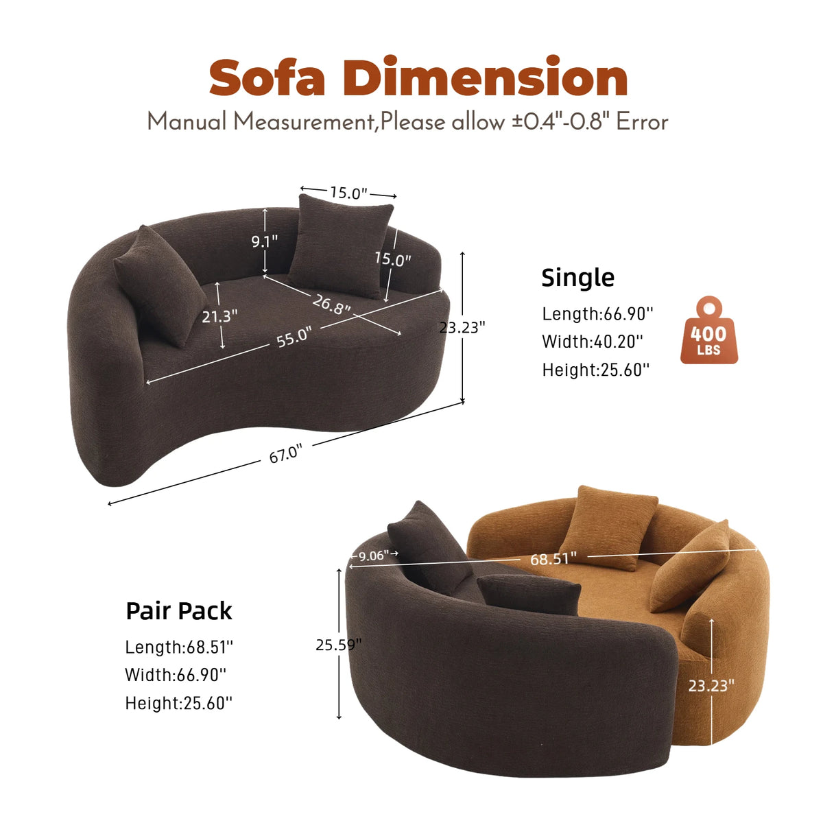 Full Compression Sponge Loveseat S-Curved Dual-Depth Sofa Brown Chenille Modular for Small Spaces & Meditation