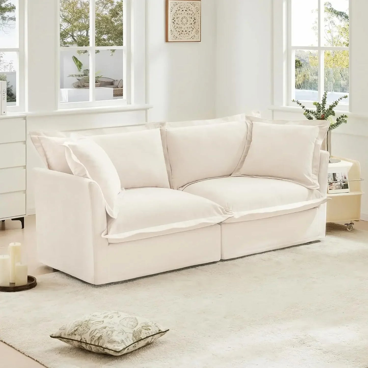 Comfortable modern three seater sofa with soft armrests, deep seated sofa with multiple soft large pillows