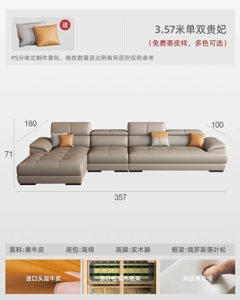 Nordic leather sofa with cowhide top layer, simple modern size, living room, Italian minimalist cream style leather sofa