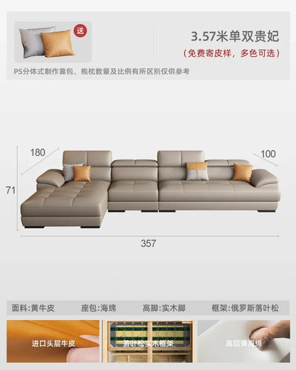 Nordic leather sofa with cowhide top layer, simple modern size, living room, Italian minimalist cream style leather sofa