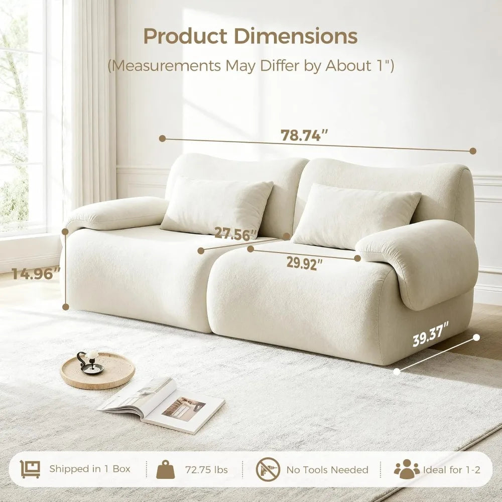 79" Boneless Cloud Couch, Modular Sectional Sofa with Throw Pillows, Deep Seat Sectional Sofa 2 Seater for Living Room