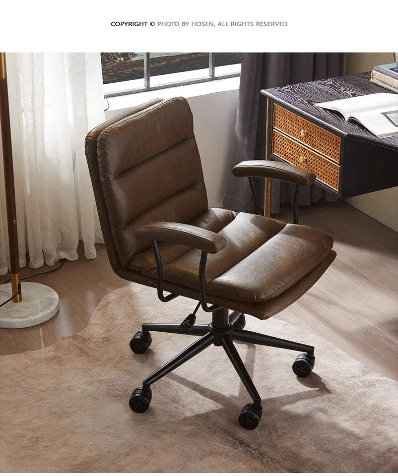N Nordic Simple Leather Office Chair Home Comfortable Computer Swivel Chair Mid-Ancient Retro Iron Art Armchair
