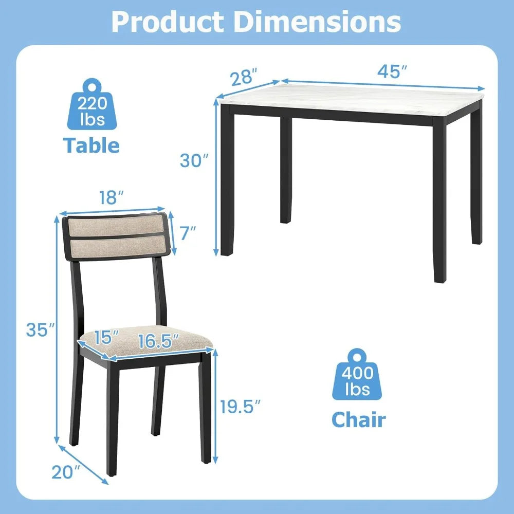 Dining Table Set for 4, Dinette Set W/Faux Marble Tabletop, 4 Padded Seat, Rubber Wood Legs, Curved Backrest