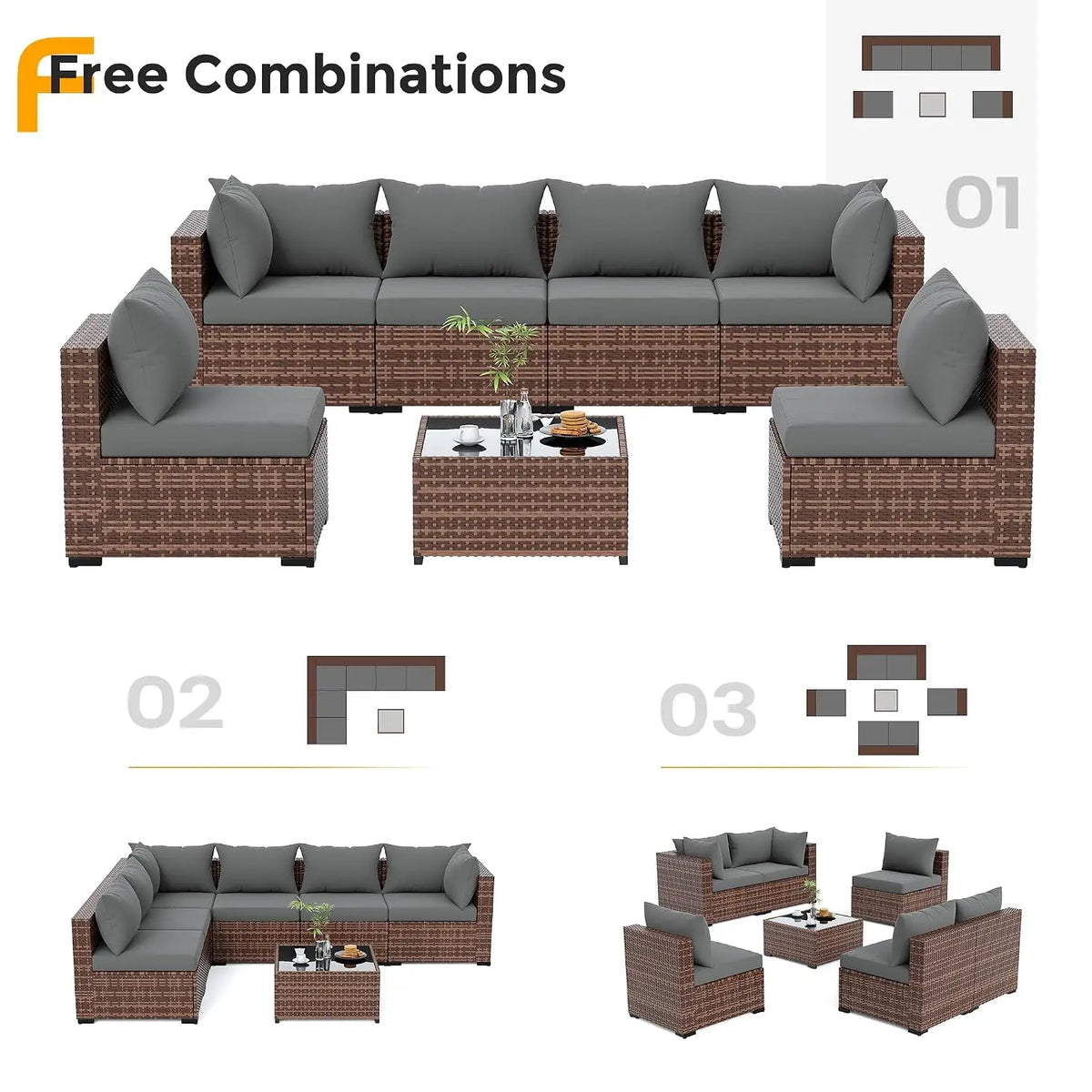 Furniture Set, 7 Piece Sectional Sofas with Wicker Coffee Table, Conversation for Garden, Backyard, Dark Grey, Customized