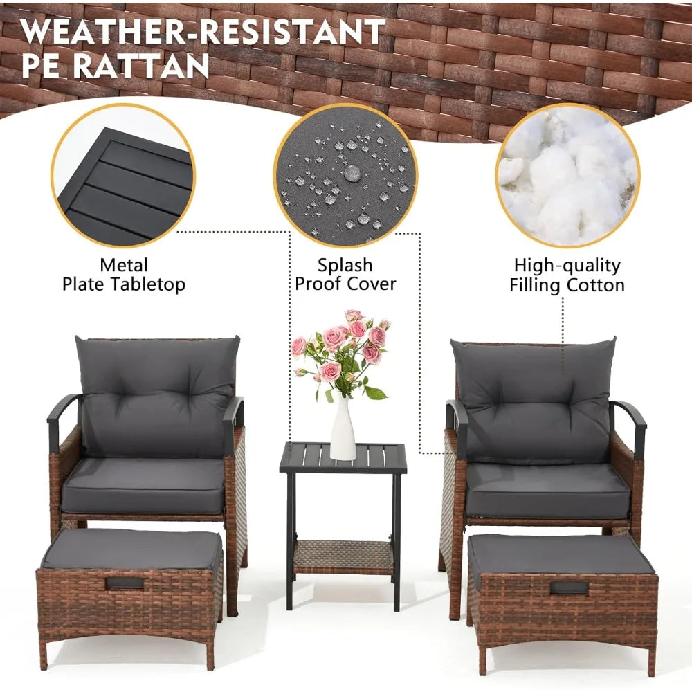 All-Weather 5-Piece PE Wicker Rattan Patio Furniture Set with Cushioned Chairs and Metal Coffee Table