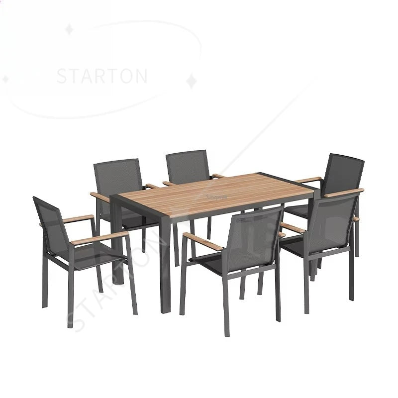 Wholesale Price Patio Outdoor Furniture Plastic Wood Dining Set Luxury Aluminum Frame Teak Wood Table and Chair for Restaurant