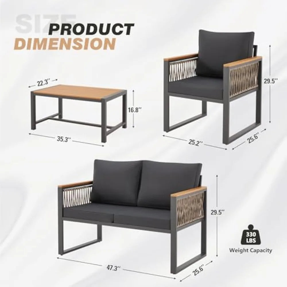 4 Pieces Outdoor Patio Furniture Set with Solid Wood Handrails, Plastic-Wood Balcony Furniture with Wicker Arm Panel, All