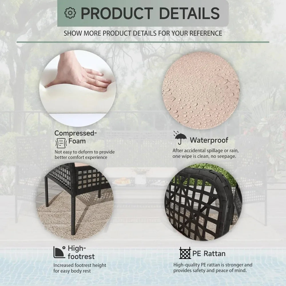 4 Piece Patio Furniture Set, Outdoor Wicker Chairs Rattan Conversation Sets with Cushions and Glass Coffee Table for Porch Garde