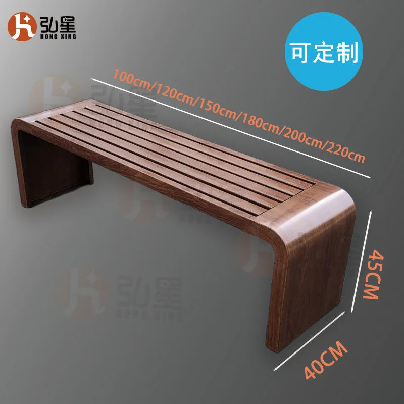 Banc carré en bois rayé et fer pour loisirs publics en plein air, jardin, cour, patio, salle de sport ou centre commercial, rangée de courses