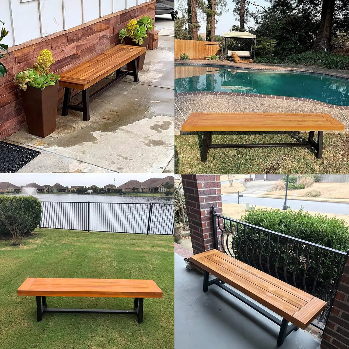 63in Acacia Wood Backless Outdoor Bench for 3, Oil Finished Patio Garden Porch Yard Furniture, Customized