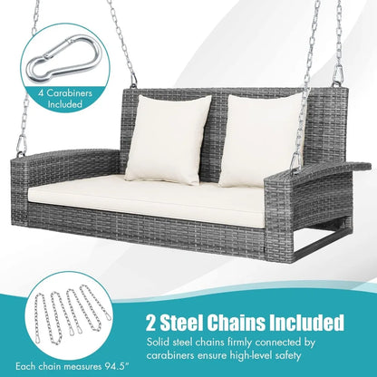 2-Person Outdoor Swing Bench with Cushions, Rustproof Metal Frame, Comfortable PE Rattan Seat and Backrest for Porch Relaxation