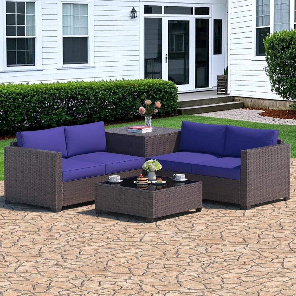 6 Piece Wicker Patio Furniture Set, Sectional Sofa with Glass Coffee Table & Large Storage Box, Loveseat Couch, Outdoor