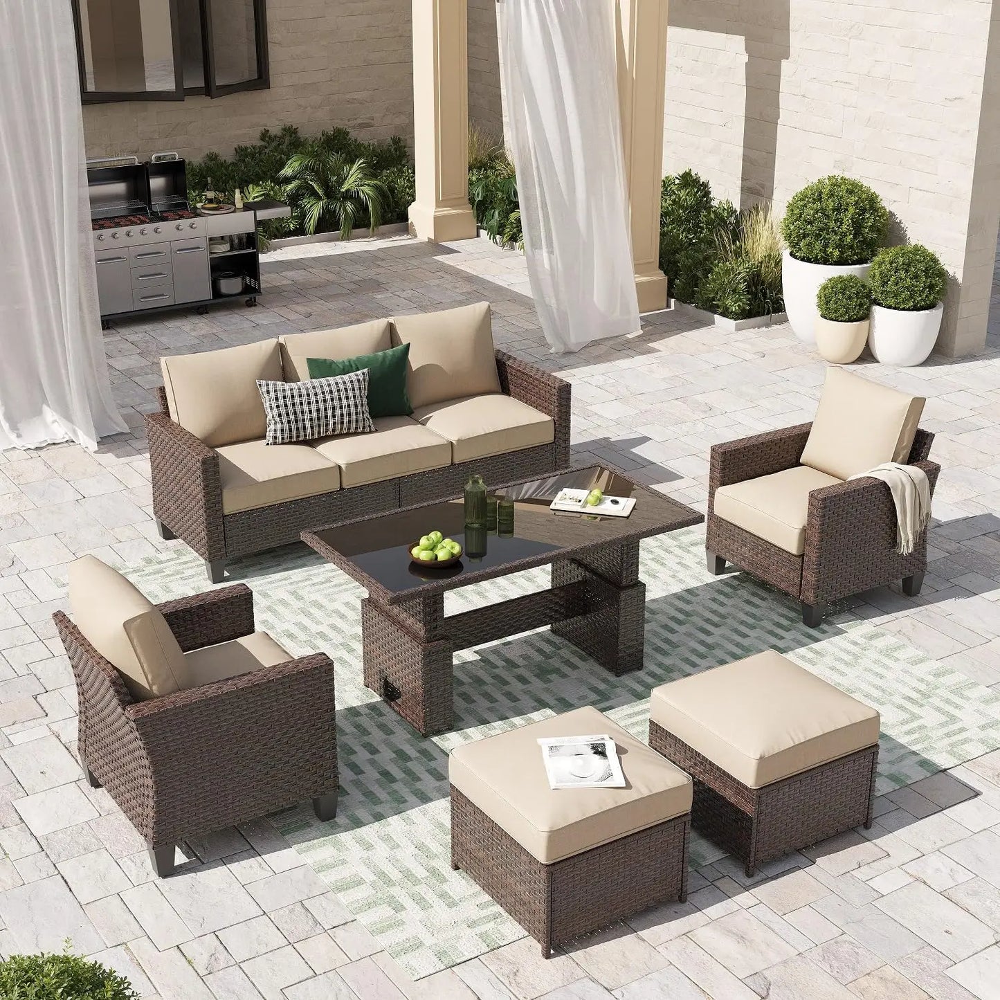 6pcs Grey PE Rattan Outdoor Sectional Sofa Set Lift Table Dining Ottoman Weatherproof Garden Backyard Poolside Customized