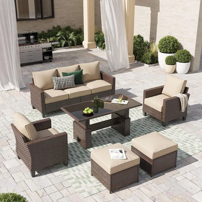 6pcs Grey PE Rattan Outdoor Sectional Sofa Set Lift Table Dining Ottoman Weatherproof Garden Backyard Poolside Customized