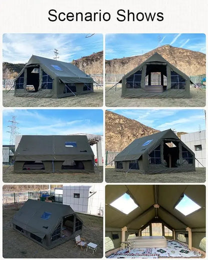 129 SqFT Inflatable Tent ,8-10 Person Blow Up Tent with Stove Jack Hole,4 Season Waterproof Camping Tent Large Pop-Up Tents