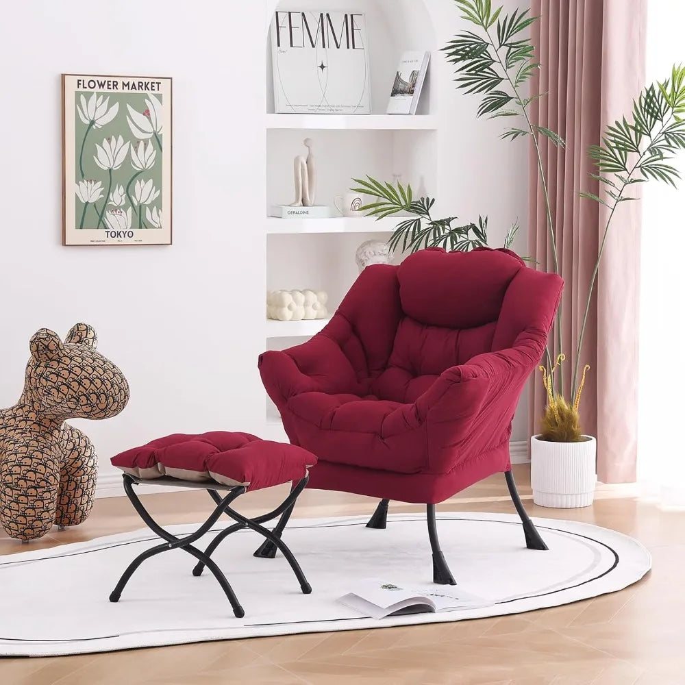 New Burgundy Lazy Chair with Ottoman, Modern Lounge Accent Chair with Armrests and a Side Pocket, Leisure Sofa Armchair - HOME