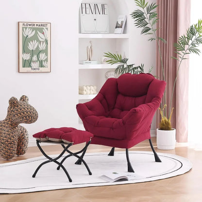 New Burgundy Lazy Chair with Ottoman, Modern Lounge Accent Chair with Armrests and a Side Pocket, Leisure Sofa Armchair - HOME