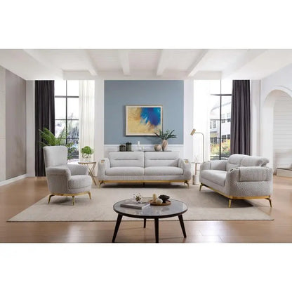 3PC Modern Living Room Set (Sofa + Loveseat + Chair) in Gray with Wood and Gold Accents
