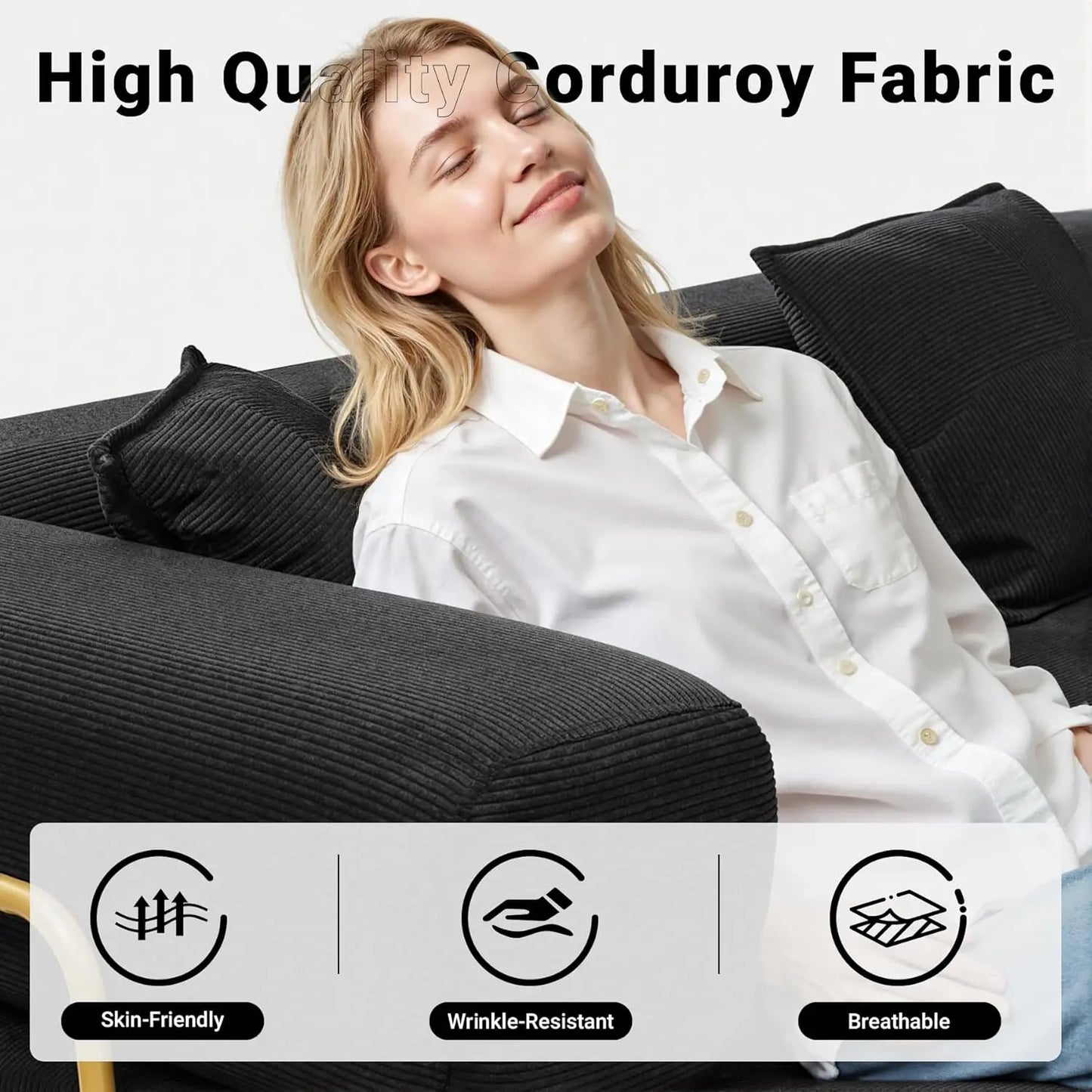108" Oversize Convertible Sleeper Sectional Sofa Bed Corduroy L Shape Folding Frame Modular Living Room Black, Customized