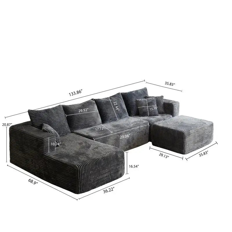 Modern U-Shaped Sectional Sofa with Ottoman, Deep Seat Corner Couch, No Assembly Required for Living Room Comfort
