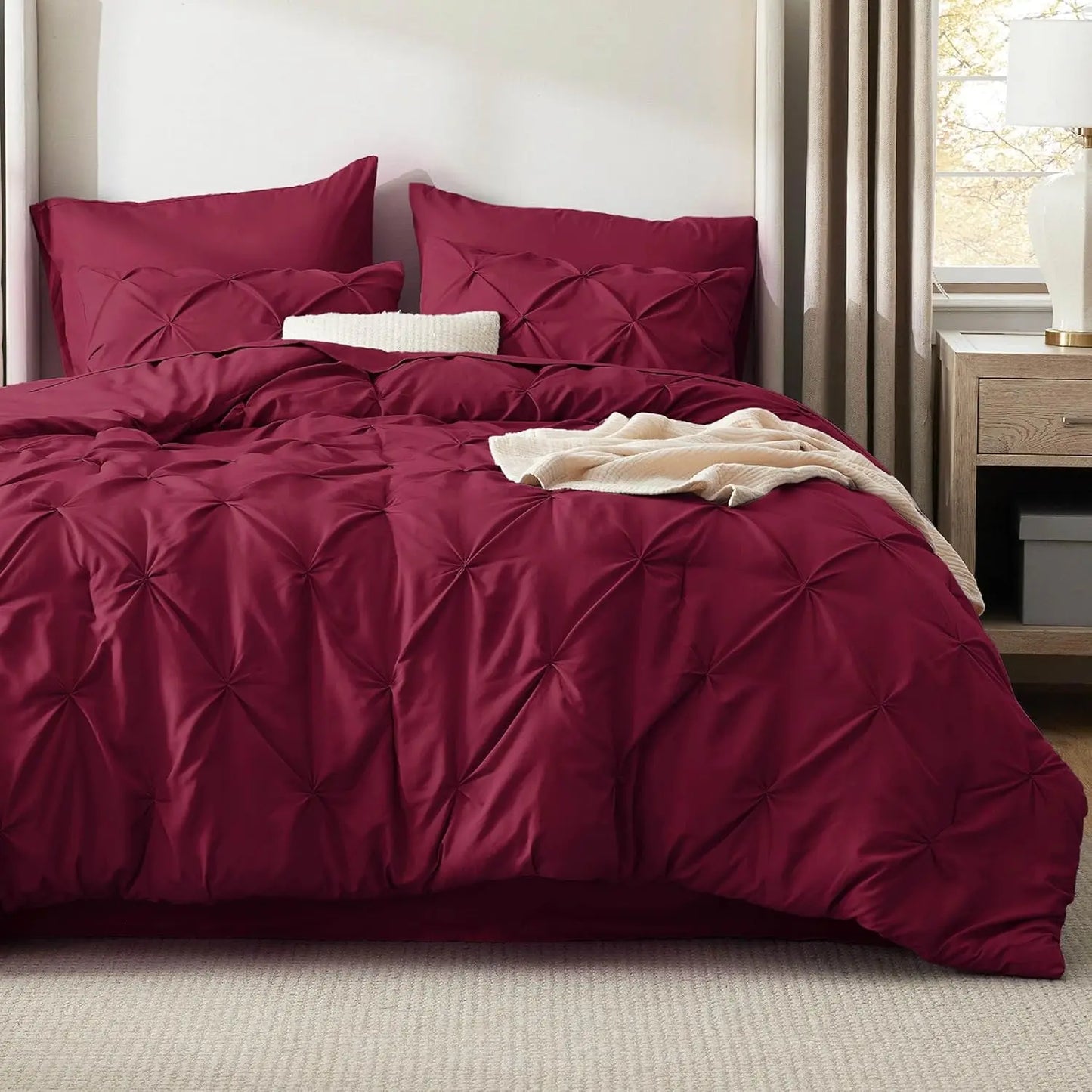 California King Comforter Set Dark Red Bed in a Bag California King 7 Pieces GentleSoft™ Pintuck Bed Set Gift for Family Pinch P