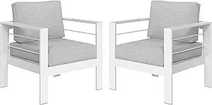 Patio Furniture Metal Armchair,2 PCS All-Weather Aluminum Garden Outdoor Contemporary Sofa Chair with Cushions, Light Grey
