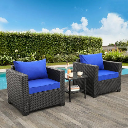 Wicker 3-Piece Patio Furniture Set with Conversation Chairs and Glass Side Table for Outdoor Balcony Use