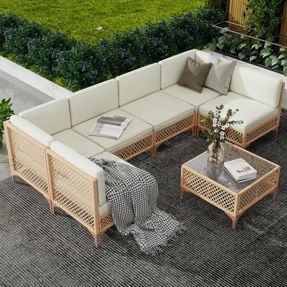 Outdoor Patio Furniture Set, Wicker Outdoor Sectional Set, Boho Patio Conversation Sectional Sofa with Large Tempered Glass Cof