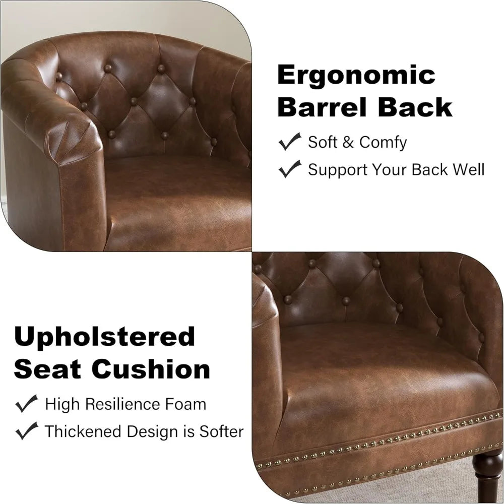 Accent Chair, Upholstered Faux Leather Barrel Chair with Nailed Trim, Comfy Club Armchair for Reading Living Room Bedroom Waitin