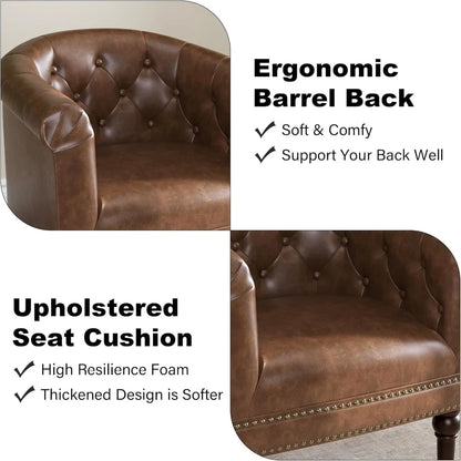 Accent Chair, Upholstered Faux Leather Barrel Chair with Nailed Trim, Comfy Club Armchair for Reading Living Room Bedroom Waitin